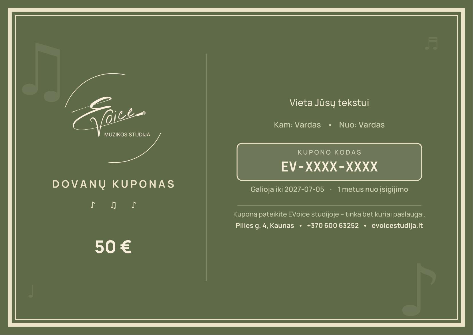 EVoice dovanų kupono pavyzdys
